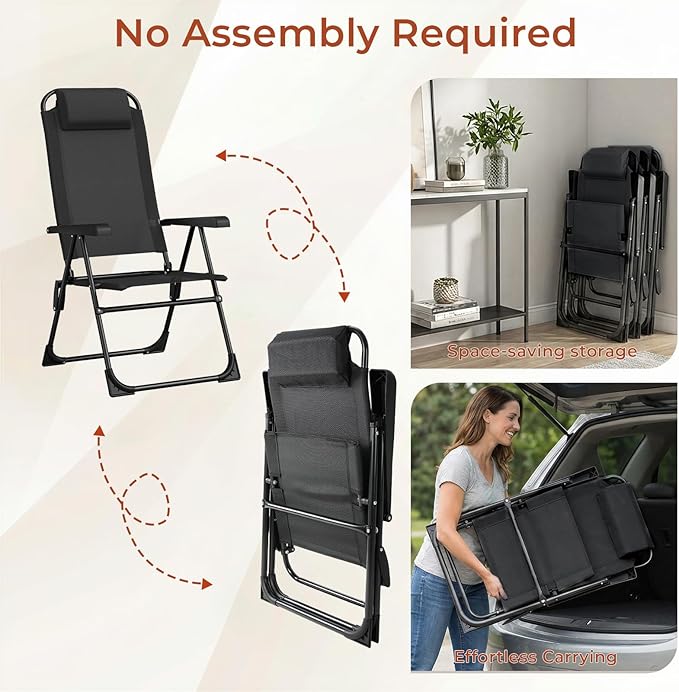 TLSUNNY Folding Patio Chairs Set of 4, Outdoor Lawn Chair w/ 5 Level Adjustable Teslin Back, Removable Headrest - Photo 8