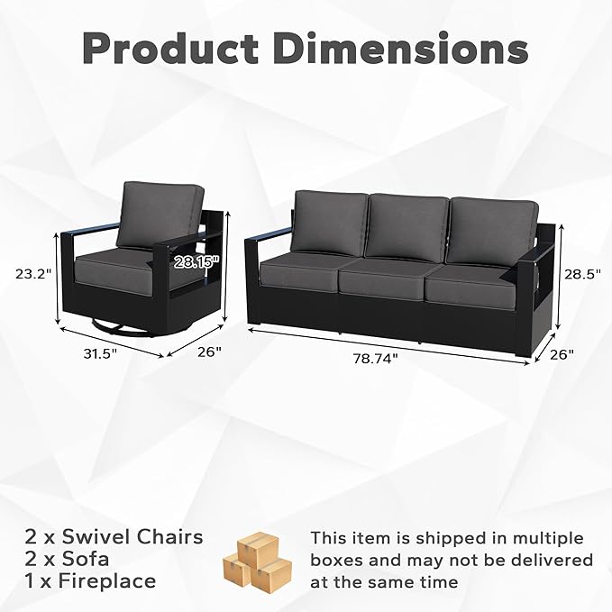 Outdoor Aluminum Furniture Set, 5-Piece Patio Conversation Set, 2 Swivel Chairs, 2 Sofa and 1 Fireplace - Photo 2