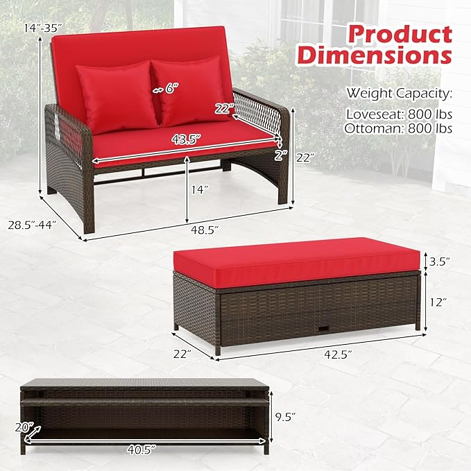 Tangkula Patio Adjustable Wicker Daybed, Rattan Loveseat & Storage Ottoman w/ 4-Level Backrest & Soft Cushions - Photo 3