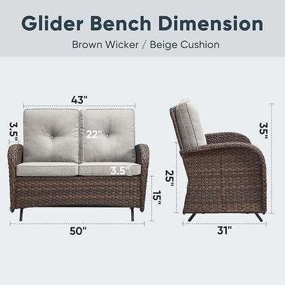 Belord Outdoor Glider Bench Patio Loveseat - 500 Lbs Weight Capacity 2 Seater Wicker Sofa, Small Porch Glider Furniture All Weather Rattan Couch with Removble Cushion for Balcony Deck Backyard, Brown