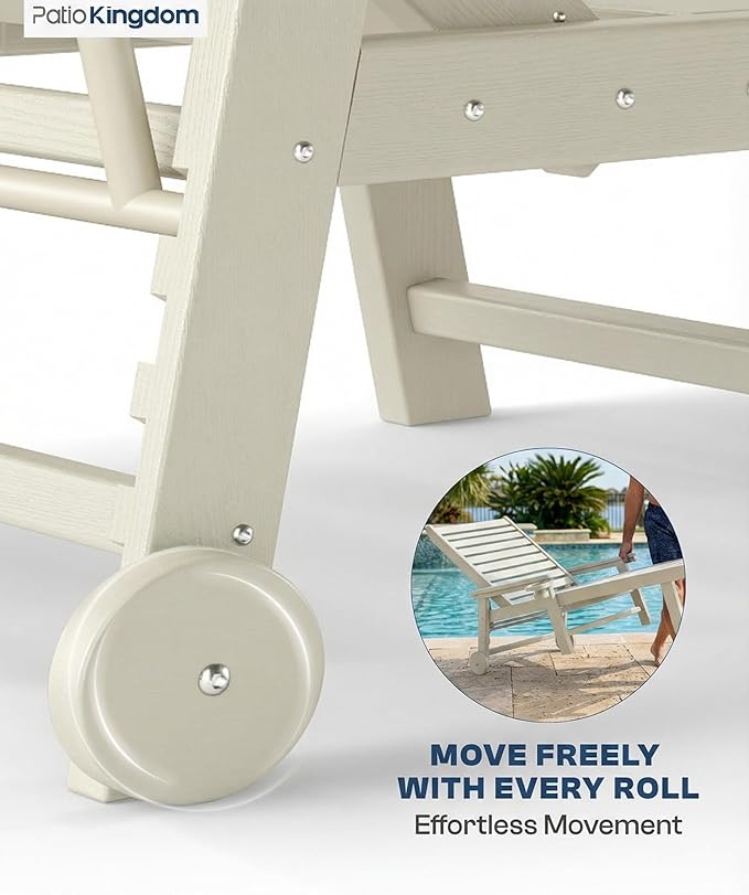 5-Position Adjustable Lounge Chair Outdoor Set of 2, HDPE Outdoor Chaise Lounge with Cup Holder & Wheels - Photo 4