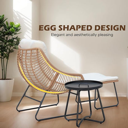 PROHIKER Outdoor Chaise Lounge Chair Set, Indoor Wicker Papasan Egg Chair with Thick Cushion, Ottoman and Table, Oversized Rattan Reading Lounge Recliner for Living Room Patio Yard, Beige