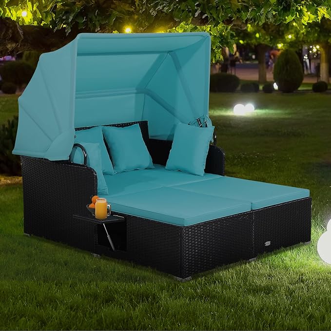 ORALNER Outdoor Daybed, 2-Person Wicker Patio Sofa with Retractable Canopy, Cushions & Pillows, 2 Side Trays - Photo 2