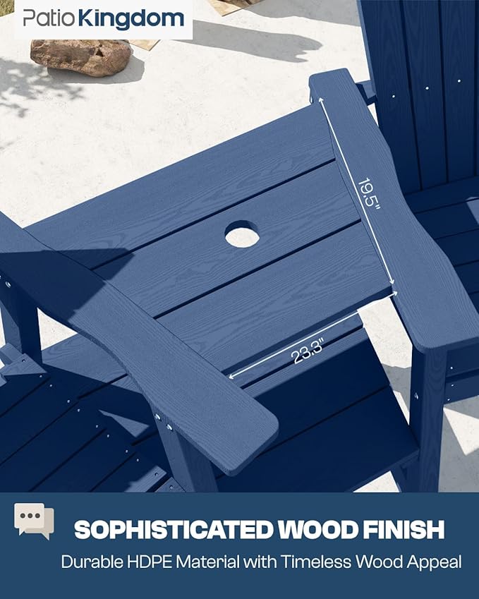 Navy Blue HDPE Tall Adirondack Chair Set of 2 with Beige 9FT Patio Umbrella, All-Weather Outdoor Bar Height Chairs with Trays & Umbrella Hole for Garden, Balcony, Lawn