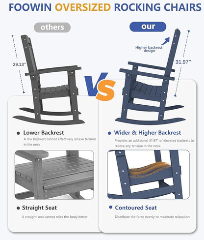 FOOWIN Outdoor Rocking Chair Set of 4, High Back Patio Rocking Chair, HDPE All Weather Resistant Porch Rocker for Adult, Oversized Rocking Chairs for Garden, Lawn, Indoor & Outdoor Use, Navy Blue