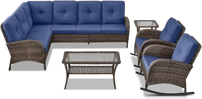 Belord Outdoor Furniture Set - 6 Pieces Patio Conversation Sectional Sofa Set with Patio Rocking Chairs Set of 2 and Wicker Coffee Table for Deck Backyard Sunroom Brown