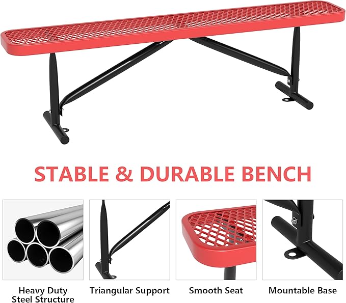 Outdoor Garden Benches, 6 ft Steel Picnic Bench Porch Chair Furniture Patio Seating, Commercial Expanded Metal Mesh Bench for Outside, Lawn, Backyard, Park, Deck, Garden, Patio, School (Red, 6FT)