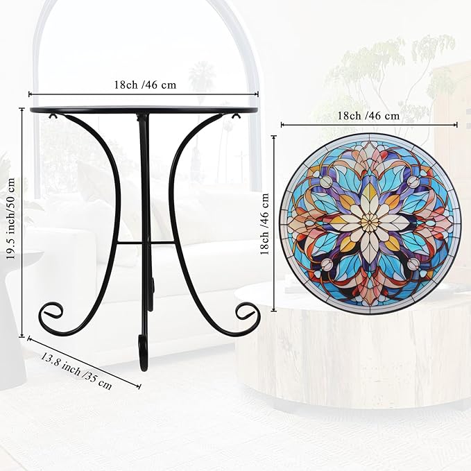 Mosaic Side Table Outdoor, 18 Inch Metal Accent Table, Indoor Small Round End Tables, Plant Stand Tables for Patio Yard Balcony Garden Bedside