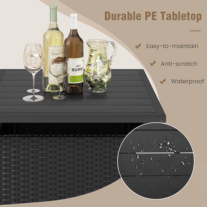 Tangkula Outdoor Wicker Table, Rattan Coffee Table with Umbrella Insert Hole, HDPE Tabletop & Sturdy Metal Frame, Patio Umbrella Side Table Stand for Backyard, Garden, Poolside (Black)