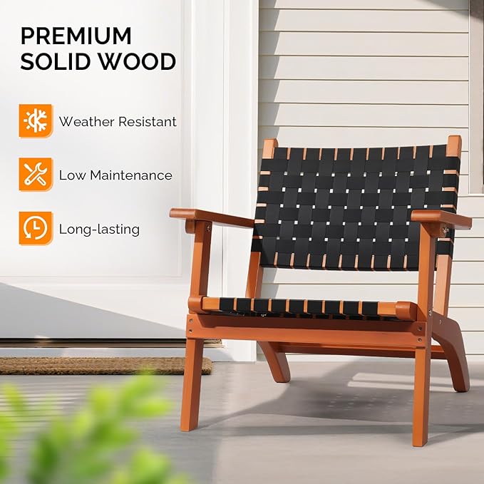 VINGLI Outdoor Armchair, All-Weather Wooden Patio Chair with Waterproof PE Woven Fabric, Adirondack Chair for Garden, Lawn and Poolside (1, Black and Brown)