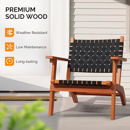 VINGLI Outdoor Armchair, All-Weather Wooden Patio Chair with Waterproof PE Woven Fabric, Adirondack Chair for Garden, Lawn and Poolside (1, Black and Brown)