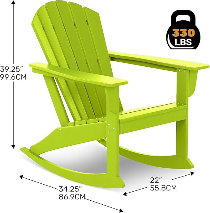 Costaelm Outdoor Adirondack Chair, All Weather Resistant Lawn Chairs Balcony Chair and Fire Pit Chairs, Deck Chairs Outdoor Porch Rocking Chair High Back HDPE Poly Lumber, Lime