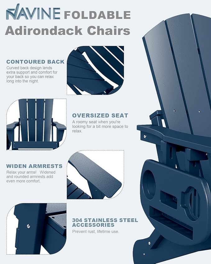 Adirondack Chair Set of 4, HDPE Folding Adirondack Chair with Multifunctional Cup Holder, Weather Resistant Fire Pit Chair for porches, patios, poolsides, Decks.
