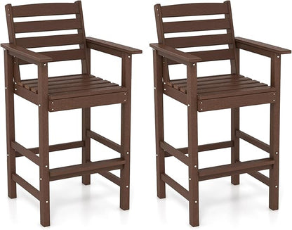 Giantex 29” Bar Stools Set of 2, HDPE Barstools w/Back, Armrests & Footrests, Max Load 330Lbs, Counter Height Bar Stools, Adirondack Chair for Patio Balcony Outdoor Bistro Set, Brown
