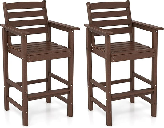 Giantex 29” Bar Stools Set of 2, HDPE Barstools w/Back, Armrests & Footrests, Max Load 330Lbs, Counter Height Bar Stools, Adirondack Chair for Patio Balcony Outdoor Bistro Set, Brown
