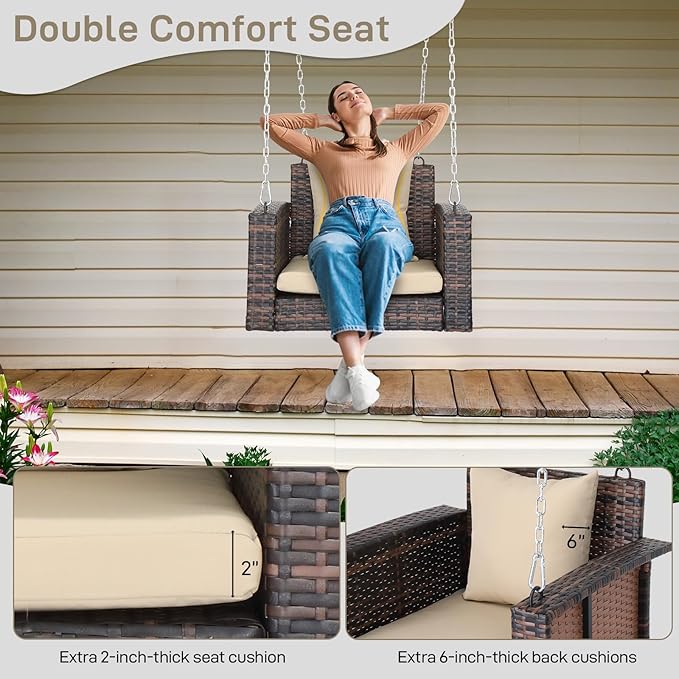 2 FT Wicker Porch Swing, Square Single Person Outdoor Hanging Swing Bench. Handwoven with Weatherproof PE Rattan - Photo 6