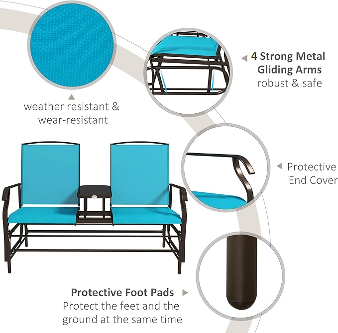 GOWE Outdoor Glider Bench with Center Table, Metal Frame Patio Loveseat with Breathable Mesh Fabric and Armrests for Backyard Garden Porch, Blue