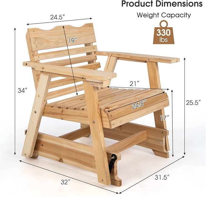 Outdoor Rocking Chair, Patio Glider Chair with Ergonomic Curved Seat & Wide Armrest, Indoor Fir Wood Rocker with Hidden Cup Holder for Patio Balcony Backyard Porch Poolside, Natural