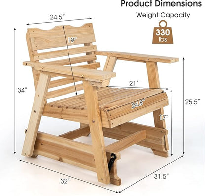 Outdoor Rocking Chair, Patio Glider Chair with Ergonomic Curved Seat & Wide Armrest, Indoor Fir Wood Rocker with Hidden Cup Holder for Patio Balcony Backyard Porch Poolside, Natural