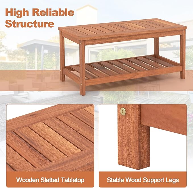 Giantex Hardwood Patio Coffee Table - 2-Tier Wooden Coffee Table with Slatted Tabletop & Storage Shelf, Outdoor Rectangular Center Table for Backyard, Garden, Poolside, Balcony & Indoor, Walnut