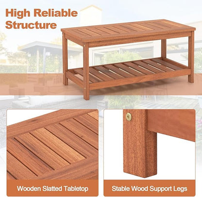 Giantex Hardwood Patio Coffee Table - 2-Tier Wooden Coffee Table with Slatted Tabletop & Storage Shelf, Outdoor Rectangular Center Table for Backyard, Garden, Poolside, Balcony & Indoor, Walnut