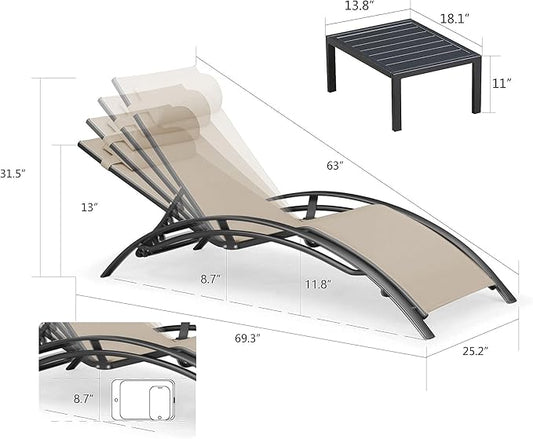 PURPLE LEAF Patio Chaise Lounge with 10' x 6.5' Tilt Umbrella Outdoor Lounge Chair Beach Pool Sunbathing Lawn Lounger, Base and Side Table Included, Taupe