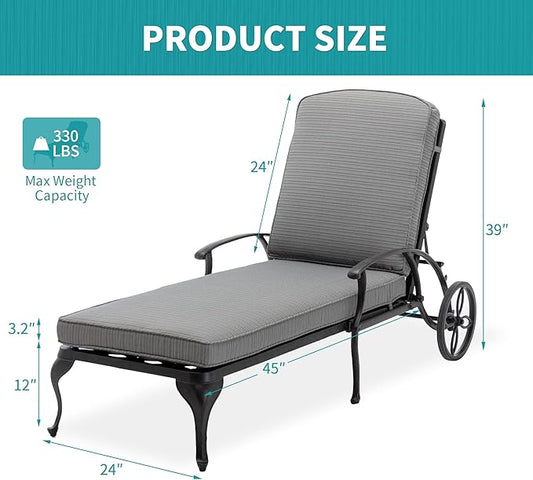 HOMEFUN Outdoor Chaise Lounge Chair with Cushion - Poolside Set of 1 Chair for Outside Cast Aluminum Waterproof Lounger with Wheels and Adjustable Reclining (Gray Cushion)