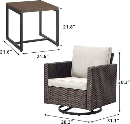 Rilyson Outdoor Patio Swivel Rocker Chairs - 3 Piece Wicker Patio Furniture Bistro Swivel Rocking Chairs Set with Comfortable Cushions,Sturdy Metal Frame and Side Table for Porch Deck(Brown/Beige)