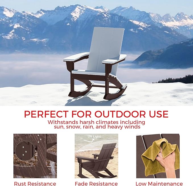 Costaelm Outdoor Adirondack Chair, All Weather Resistant Lawn Chairs Balcony Chair and Fire Pit Chairs, Patio Chair Outdoor Porch Rocking Chair High Back HDPE Poly Lumber, Dark Brown