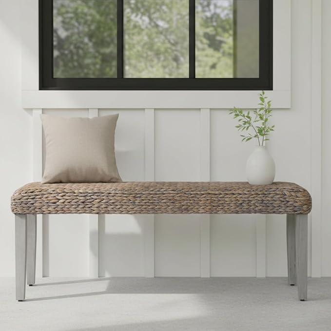 Solid Wood Acacia Indoor Bench with Natural Woven Seat, Wood Bench for Living Room or Entryway - Photo 5