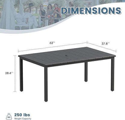 DIFY 63" Rectangle Outdoor Dining Table for 6, Slatted Metal Patio Table with Adjustable Umbrella Hole, All-Weather Patio Dining Table for Garden Backyard Deck, Black Tabletop