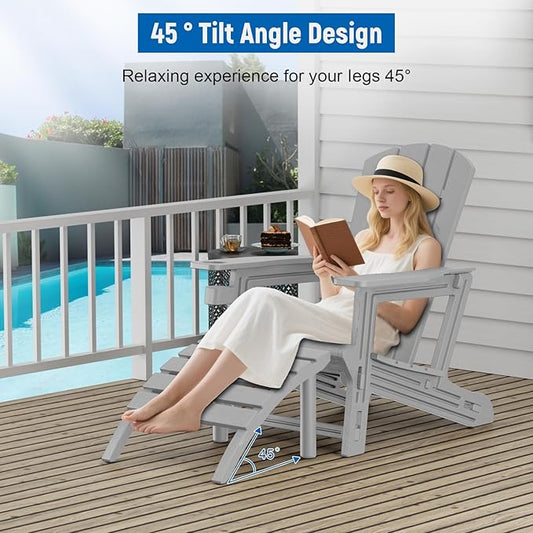 FONTOI Adirondack Ottoman, HDPE Plastic Adirondack Chair Footstool, All Weather Outdoor Footrest for Patio, Backyard, Lawn, Fire Pits, Grey