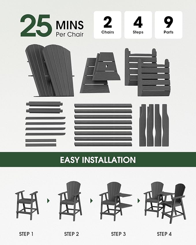 Tall Adirondack Chairs Set of 2, HDPE High Adirondack Chairs with Double Removable Trays, All Weather Outdoor Barstools for Patio, Balcony, Backyard, Deck and Garden, Darkgrey
