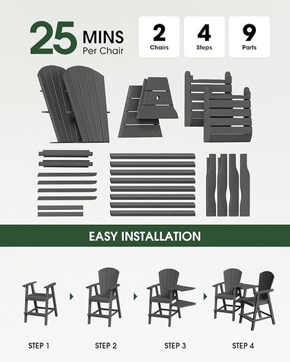 Tall Adirondack Chairs Set of 2, HDPE High Adirondack Chairs with Double Removable Trays, All Weather Outdoor Barstools for Patio, Balcony, Backyard, Deck and Garden, Darkgrey