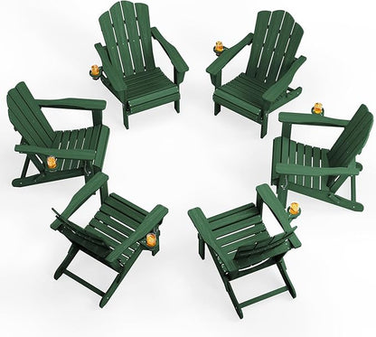 KINGYES Folding Adirondack Chair Set of 6, HDPE All-Weather Folding Adirondack Chair, Green