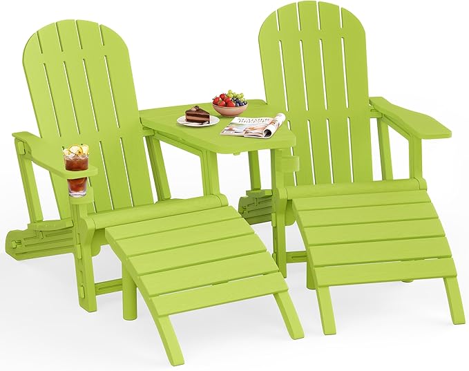 JY QAQA Outdoor Adirondack Chair Set of 2 with Detachable Table & Ottoman, All-Weather HDPE Patio Furniture with Wood Texture & Cup Holder for Patio, Poolside, Garden, Green