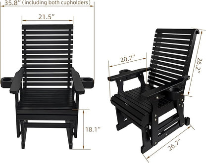 Fortune Candy Wooden Patio Glider for One Person, with High Backrest and Deep Contoured Seat, Solid Fir Wood, Heavy Duty 600 LBS (Black, 1-Seater)