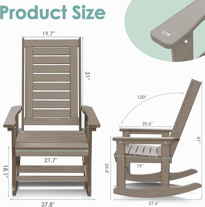 IVY&LANE Outdoor Rocking Chairs Set of 4 | Porch-Rockers | Desert Brown Wood Grain | HDPE Plastic | All-Weather | High Back | Wide Seat | Oversized Patio Rocker for Adult | for Outside Deck Balcony