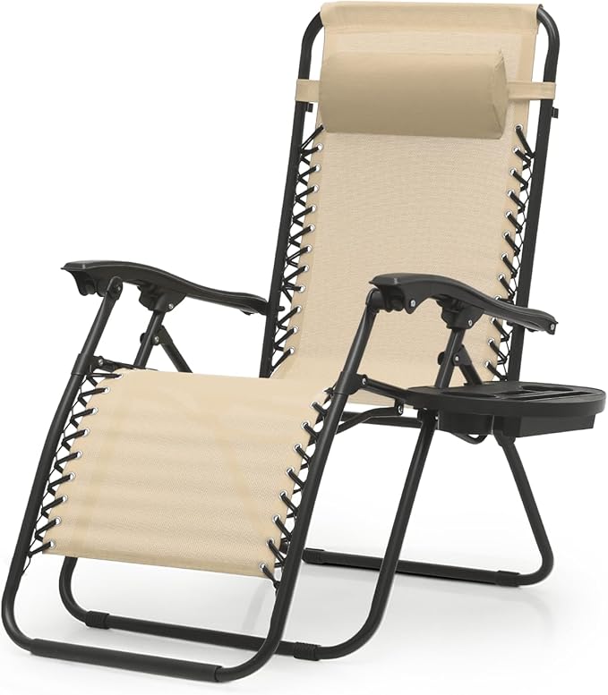 Magshion Zero Gravity Lounge Chair, Adjustable Folding Recliner with Cup Holder Side Tray & Removable Headrest Pillow, Portable Outdoor Patio Lounger for Camping, Beach, Lawn, Backyard