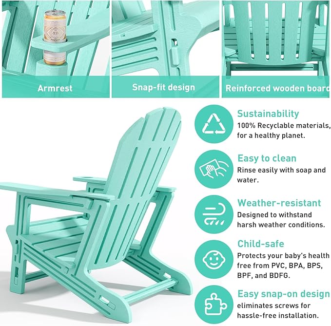 Adirondack Chair, Tool-Free Assembly All-Weather Adirondack Chairs, HDPE Fire Pit Chairs with Cup Holder, Outdoor Chair for Patio Garden (Aruba)