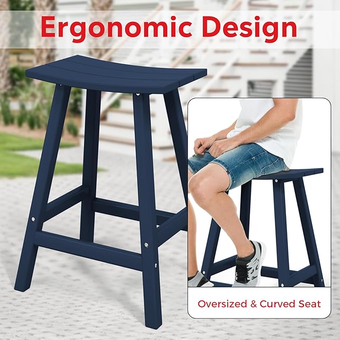 Costaelm All-Weather Bar Stools Set of 3, 24" Height Outdoor Bar Stools, Adirondack Poly Patio Bar Stool for Patio, Deck, Kitchen Counter and Garden, Navy Blue