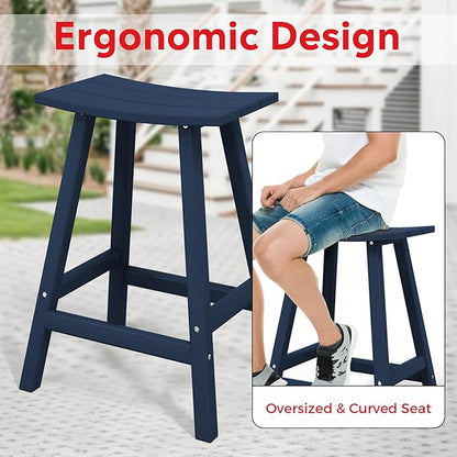 Costaelm All-Weather Bar Stools Set of 3, 24" Height Outdoor Bar Stools, Adirondack Poly Patio Bar Stool for Patio, Deck, Kitchen Counter and Garden, Navy Blue