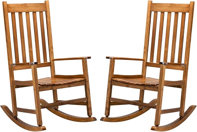 Outdoor Rocking Chairs Set of 2,Wood Porch Rocker for Adult,High Back Leisure Chair for Garden, Porch, Backyard, Poolside,250 Lb Heavy Duty Lounge Chair,Mecedora De Exterior,Original Color 2 Pcs