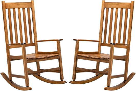 Outdoor Rocking Chairs Set of 2,Wood Porch Rocker for Adult,High Back Leisure Chair for Garden, Porch, Backyard, Poolside,250 Lb Heavy Duty Lounge Chair,Mecedora De Exterior,Original Color 2 Pcs