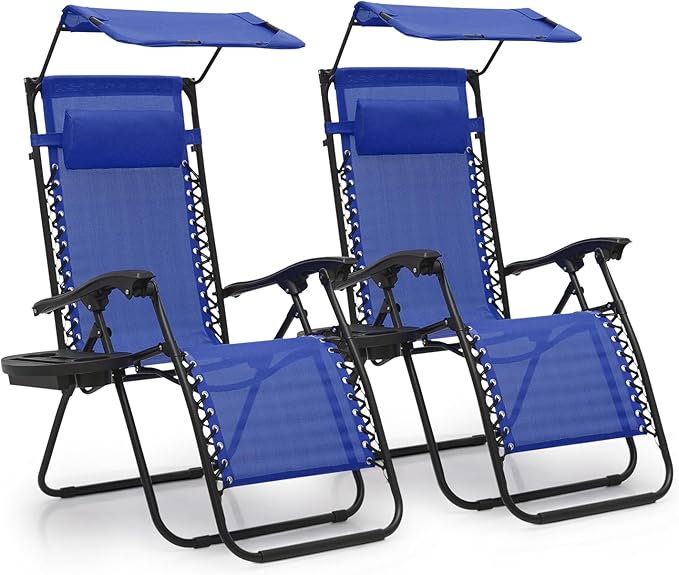MoNiBloom Zero Gravity Chair Set of 2 with Canopy Shade, Patio Folding Anti Gravity Recliner, Foldable Outdoor Lounger with Cup Holder Tray for Beach Camping, Blue