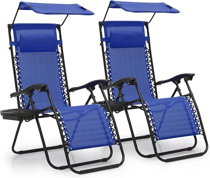 MoNiBloom Zero Gravity Chair Set of 2 with Canopy Shade, Patio Folding Anti Gravity Recliner, Foldable Outdoor Lounger with Cup Holder Tray for Beach Camping, Blue