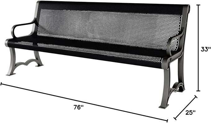 COATEDOUTDOORFURNITURE Coated Outdoor Furniture Heavy-Duty Outdoor Bench Thermoplastic Coated, Punched Steel, Commercial-Grade Garden Bench, Made in America (Portable with Back, 6 Ft, Black)