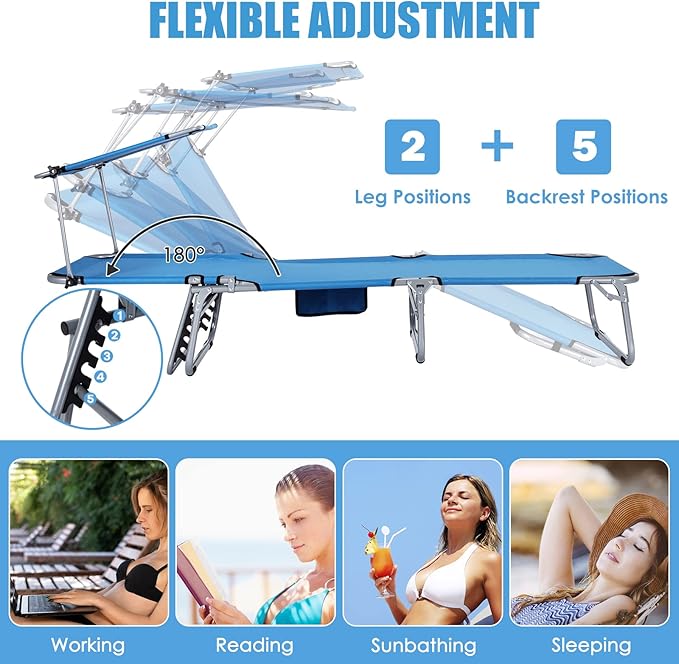 GYMAX Tanning Chair, Beach Lounge Chair with Canopy Sunshade, Carry Handle & Pocket - Photo 5