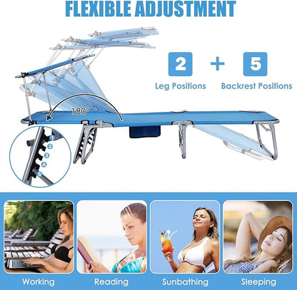 GYMAX Tanning Chair, Beach Lounge Chair with Canopy Sunshade, Carry Handle & Pocket, 5 Level Adjustable Layout Chaise Lounge for Outside, Folding Sunbath Chair for Outdoor, Patio, Poolside (2, Blue)