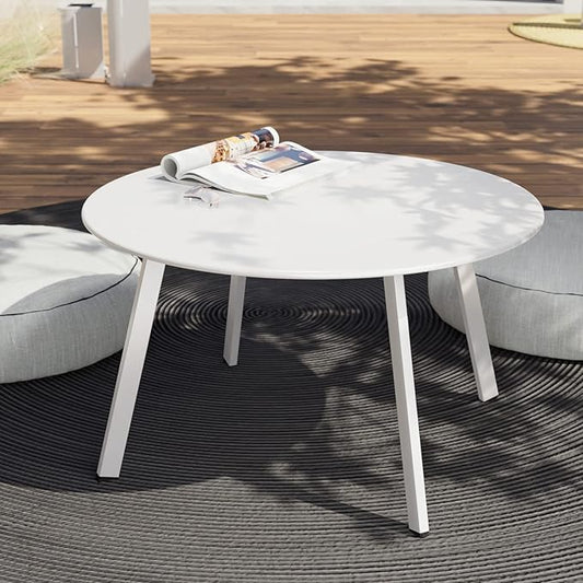 Grand patio Outdoor Side Table, 28-inch Powder Coated Steel Round Coffee Table for Porch, Deck, Balcony, Poolside, White